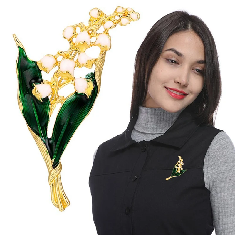 Трендовая эмалированная белая Цветочная брошь в форме листа Лилия долины, брошь золотистого цвета на булавке, высокое качество, ювелирные изделия для женщин