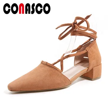 

CONASCO Fashion Solid Kid Suede Lace Up Women Pumps Summer New Elegant Sandals Pointed Toe Singles Shoes Woman Party Prom Shoes