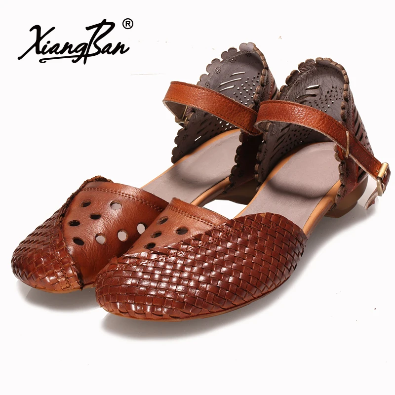 2018 summer leather women sandals low heel Baotou Woman Roman shoes cover heel ladies sandals coffee brown