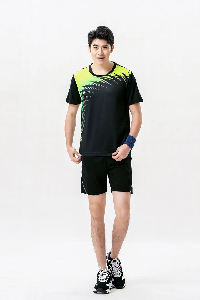 НОВЫЕ комплекты для бадминтона, мужская спортивная одежда для бадминтона, теннисная одежда, рубашка+ шорты синего цвета, 1 комплект, униформа для настольного тенниса 5063A - Цвет: Man black 1 set