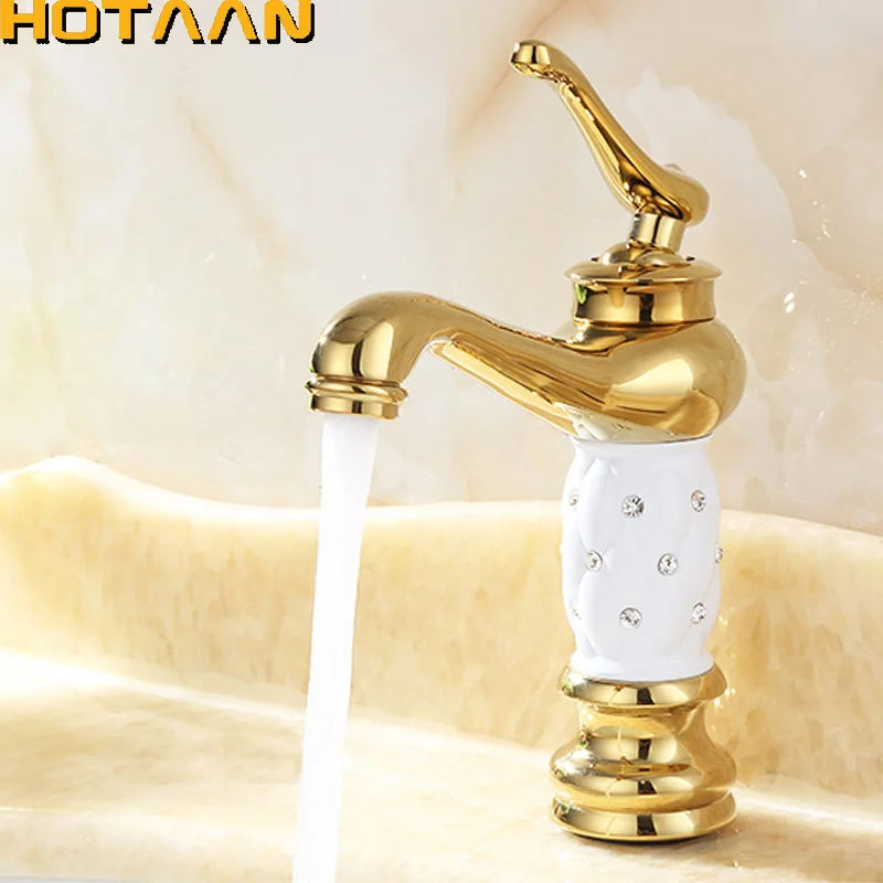 Hotaan Basin Faucet Water Taps Brass Bathroom Sink Faucet Solid White Cold and Hot Water Single Handle Water Sink Tap Mixer