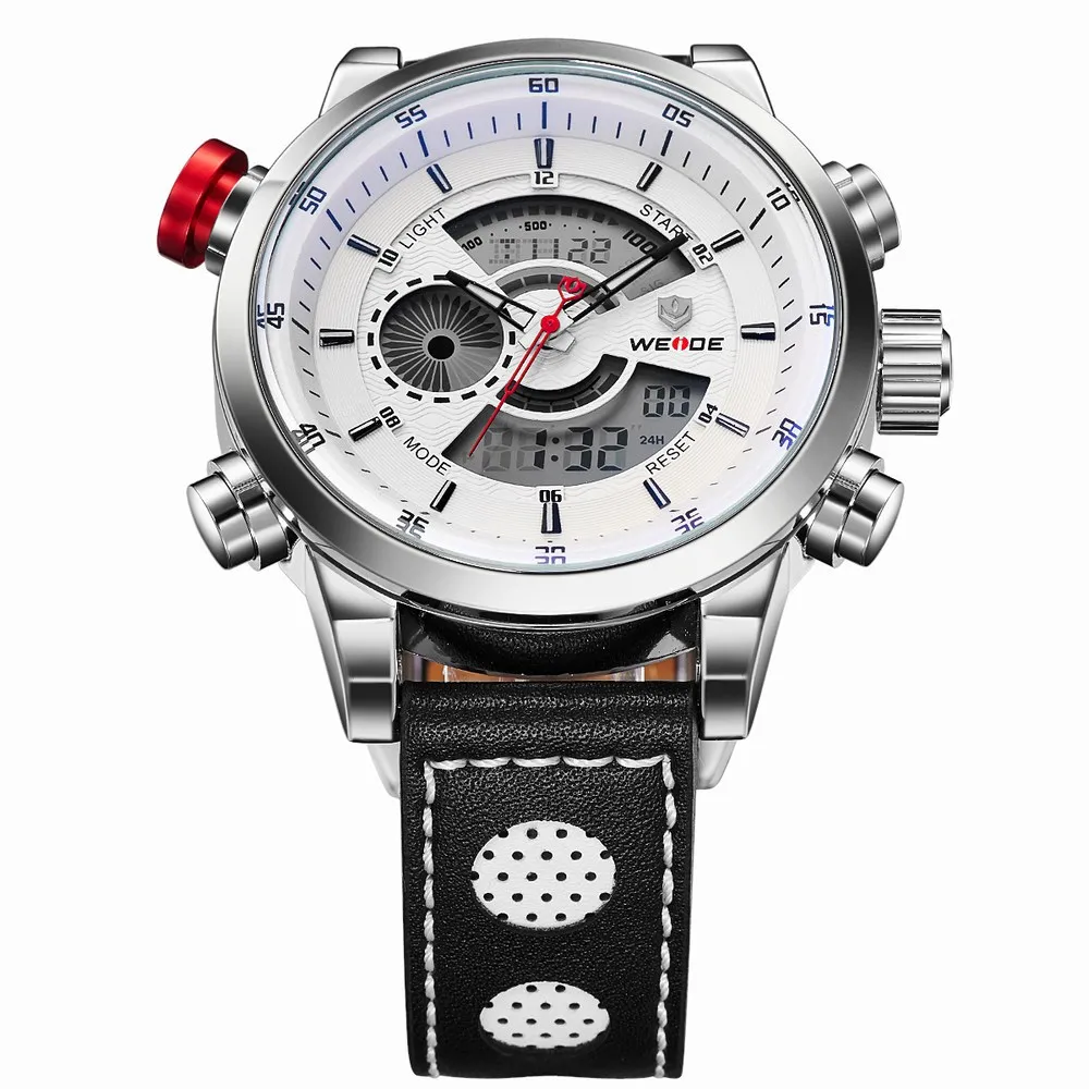 New Sale WEIDE Military Watches Men Luxury Brand Japan Quartz White Dial Solf Leather Strap Analog Digital Diving Men Wristwatch
