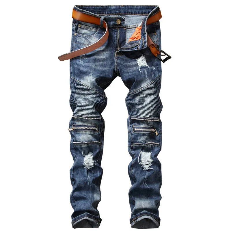 

2017 Direct Selling Rushed Mid Designer Men Biker Jeans Distressed Personality Zipper Slim Fit Denim Pants For Cool Male Pants