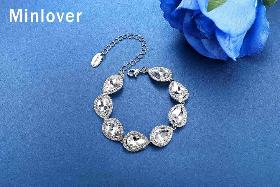 Minlover серебро Цвет капли воды наборы свадебных ювелирных изделий для женщин Teardrop прозрачный кристалл, свадебный браслет серьги подарок EH246 +