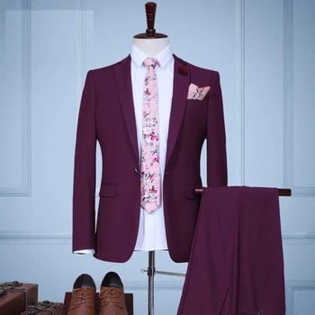 

New Men Suits Brand Single Breasted Slim Fit Business Dress Bespoke Classic Wedding Suit Burgundy Tuxedos 2 Pieces (Jacket+Pant)