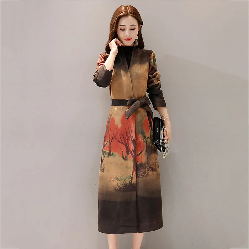 Ветровка женская длинная весенняя с принтом в стиле ретро 023|windbreaker coat|women long spring