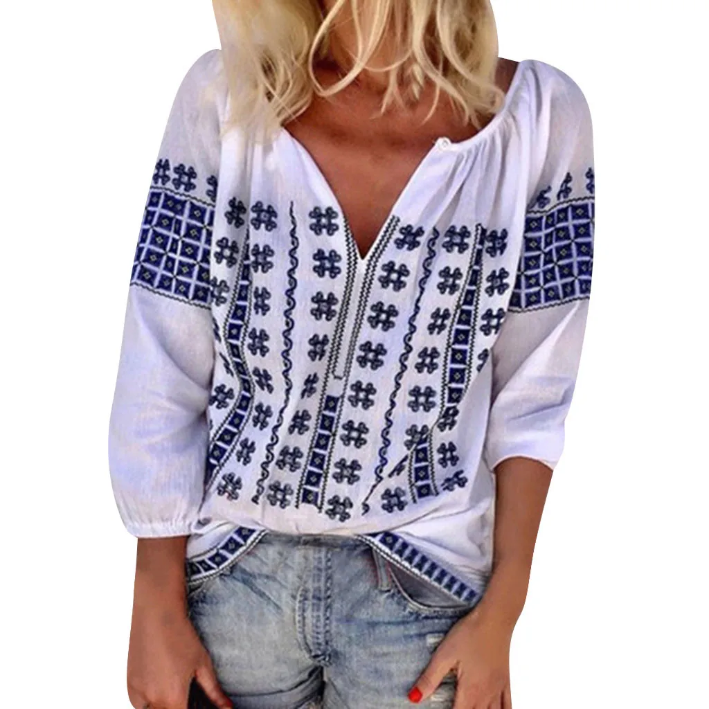 

FREE OSTRICH Women Shirts Print Three-Point Sleeve V-Neck Purple Creative Pattern Elegant Noble Simple Summer Blouse Shirts