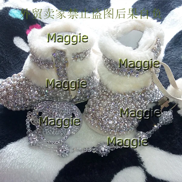 

free shipping rhinestone Pearl Baby Girl kids shoes handmade Bling Bling First Walkers bead soft Child gift winter snow boots