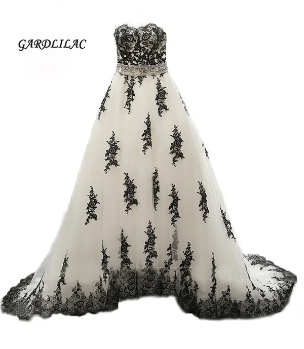 

2019 Real Pictures White Black Lace Appliques Wedding dresses Plus Size Bridal Gown Court Train