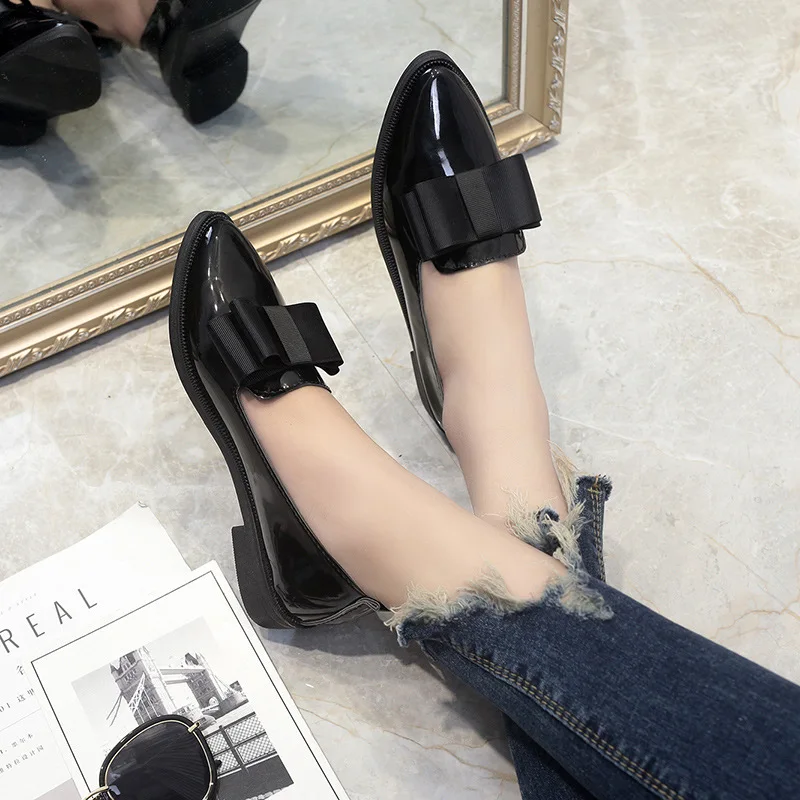 

Spring Flats Women Shoes Bowtie Loafers Patent Leather Elegant Low Heels Slip On Footwear Female Pointed Toe Thick Heel
