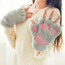 Зимние Для женщин милая кошачья лапа лапой плюшевые варежки короткие перчатки без пальцев половина палец перчатки