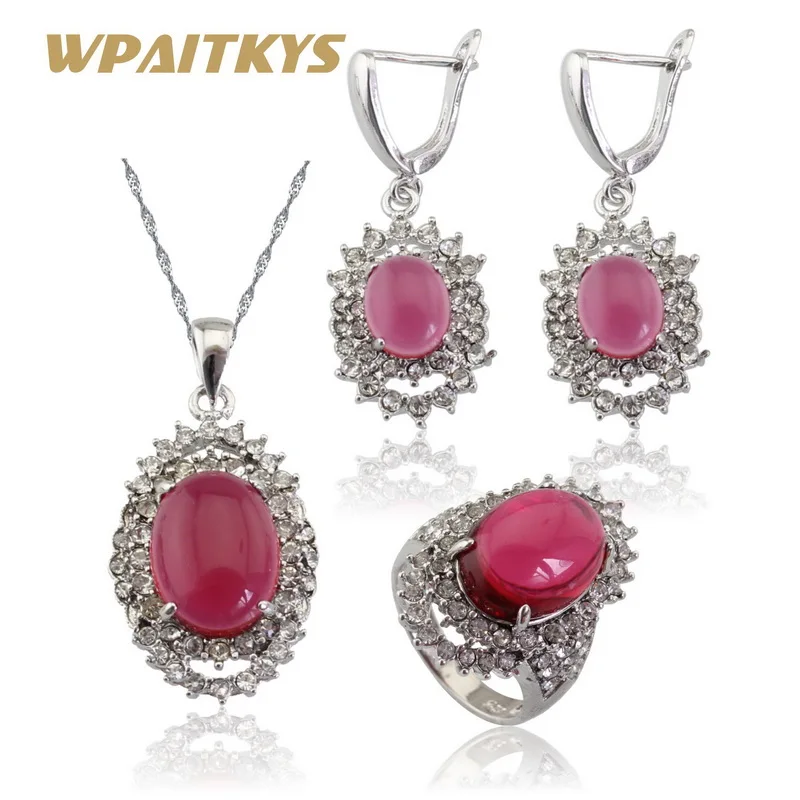 

Made in China Red White Crystal Silver Color Bridal Jewelry Sets For Women Earrings/Necklace/Pendant/Rings Free Gift Box