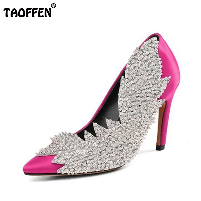 

TAOFFEN Size 34-43 Sexy Women Real Genuine Leather High Heel Shoes Women Beading Pointed Toe Thin Heel Pumps Women Wedding Shoe