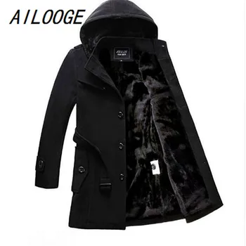 

AILOOGE 2017 new Men's Winter Single Breasted Hooded Wool Coat Men Thicken Velvet Warm Long Overcoat Woolen Jacket