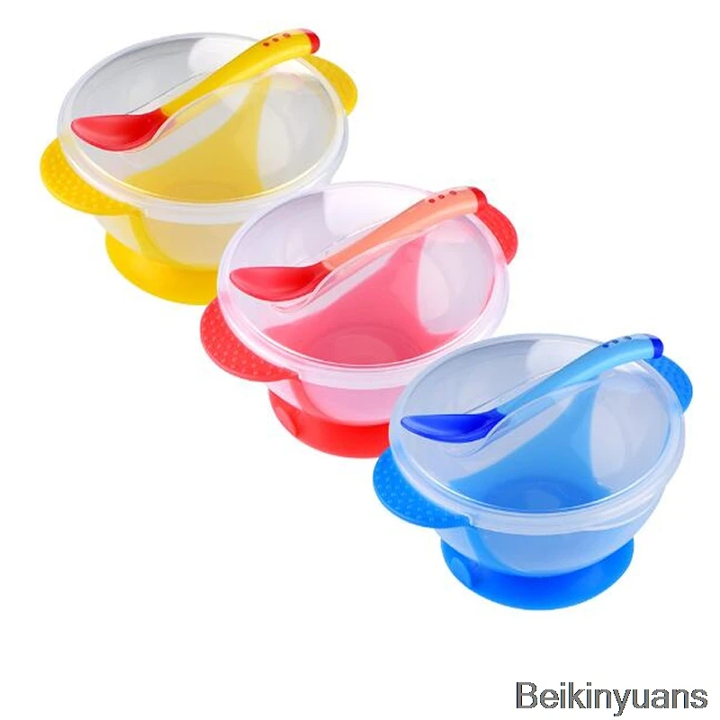 

Baby cutlery 1 piece / 3 pieces / set baby sucker tableware spoon with temperature sensing baby food feeding safe bowl tableware