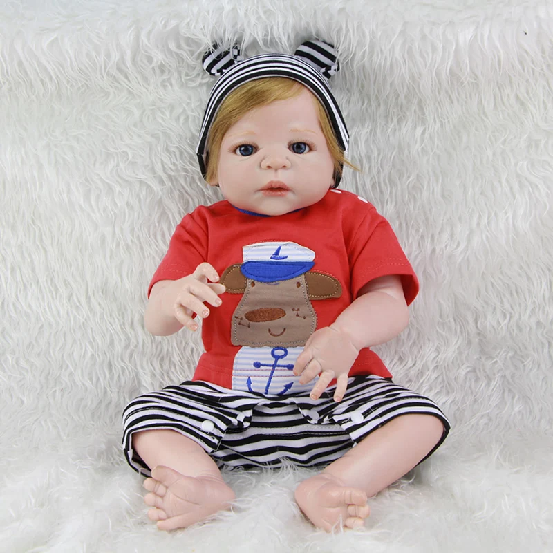 

Newest Style Reborn Baby Boy Doll With Rooted Human Blond Hair 23 Inch Silicone Vinyl Handmade Babies Toy Kids Playmate