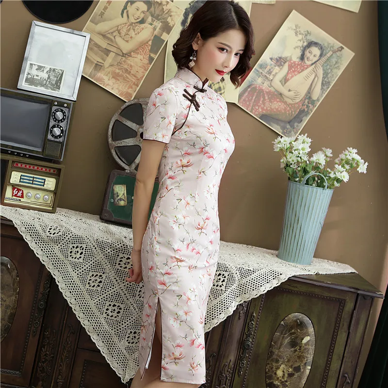 Sheng Coco новые шелковые платья Чонсам розовые двойные китайские Qipao Печатные Средние Длинные древние шелковые Улучшенная одежда розовые цветы