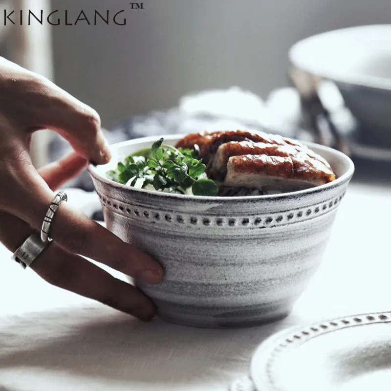 

KINGLANG Retro Style Ceramic Embossed Rice Soup Bowl Household Restaurant Tableware