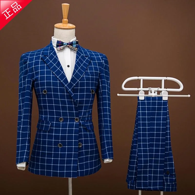 Slim casual plaid double-breasted suit Fashion Custom Men suits jacket + pants slim blue grid men's Blazers groom wedding dress Slim casual plaid double-breasted suit Fashion Custom Men suits jacket + pants slim blue grid men's Blazers groom wedding dress