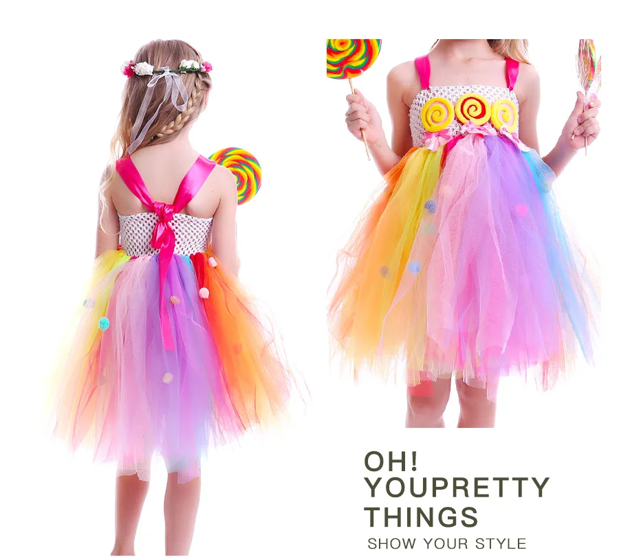 Pom Pom Design Sweet Candy Lollipop Girls Tutu Dress Kids Rainbow Fairy Summer Dress Children Birthday Photo Costume Outfit (6)