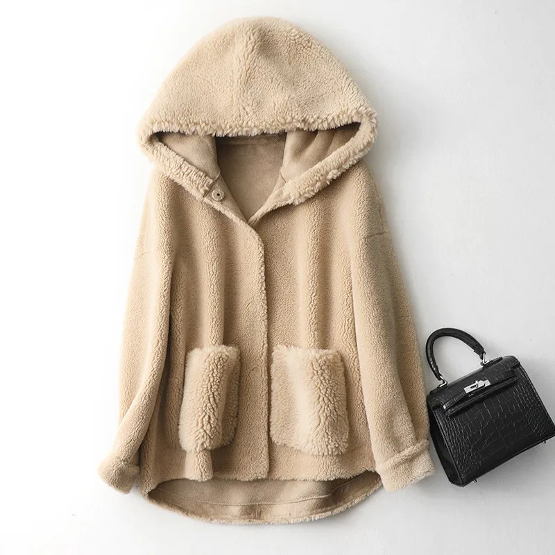 

2019 Autumn Winter Real Sheep Shearling Fur Coat Jacket Women Hooded Wool Coats Warm Female Jacket A215