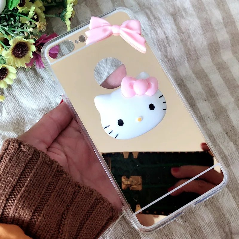 

For Samsung S10 S9 S8 Plus A7 Cute Plating Mirror Case For iPhone XR XS Max X 7 8 6 6S Plus 5S Hello Kitty Case Bow-knot Cover