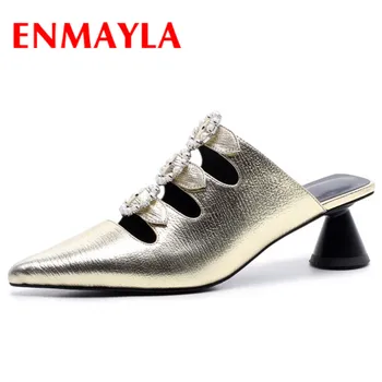 

ENMAYLA Black Godden Shoes Woman Summer Sandals Pumps Genuine Leather Slip-on Slingbacks Shoes High Heels Sandals