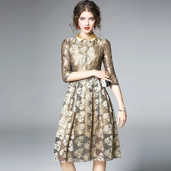 

2019 Spring Lace Hollow Out Dresses Female Half Sleeve Big Swing Pleated Elegant Party Dress Women Sweet Flower Dresses YP2227