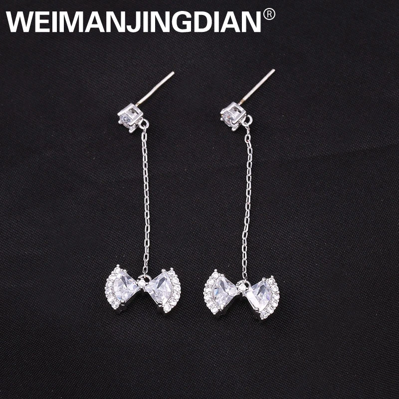 

WEIMANJINGDIAN New Arrival Long Chain Dropped Cubic Zirconia CZ Crystal Cute Bow Dangle Earrings for Women or Girls