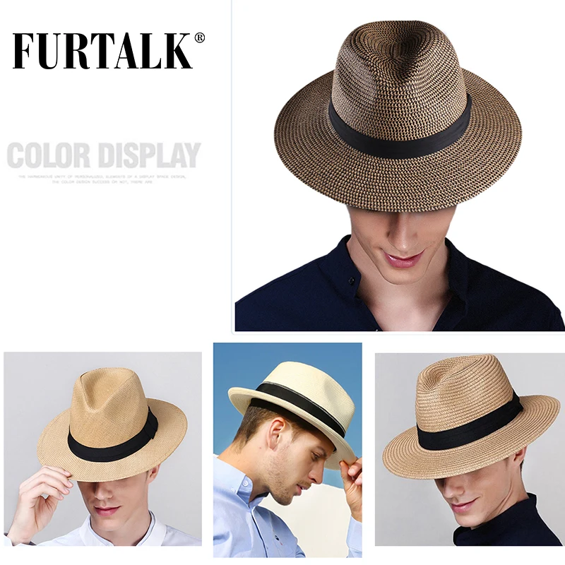 FURTALK Summer Hat for Women Men Panama Straw Hats Travel  Beach Sun Hat Wide Brim Fedora Jazz Hat 2