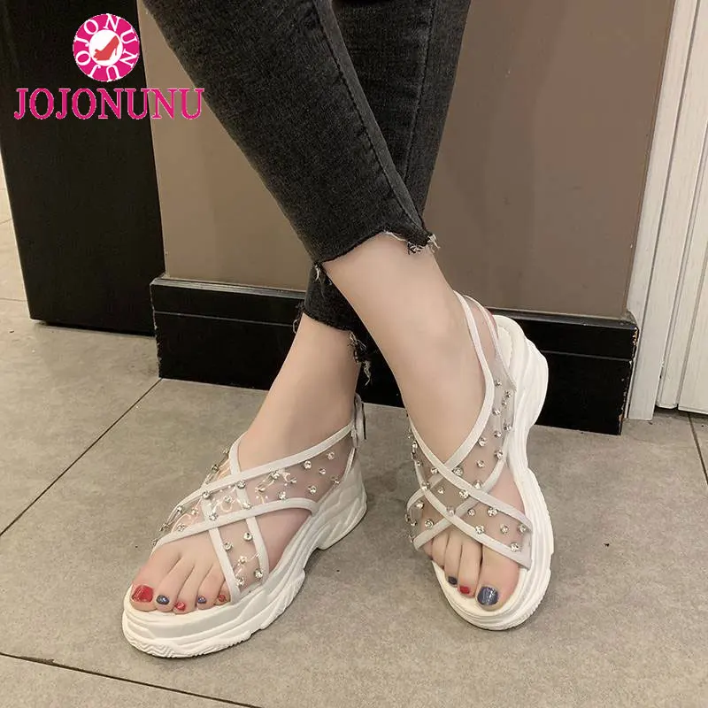 

JOJONUNU PVC Sandals Women Hot Fashion Transparent Cross Band Rhinestone Wedges Shoes Women Casual Party Sandals Size 35-40