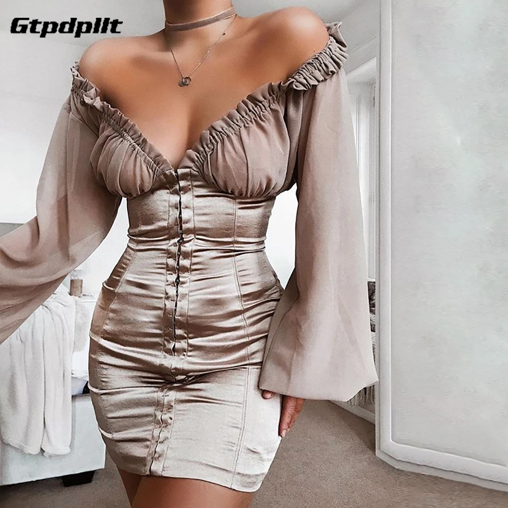 

Gtpdpllt Ruffles Sexy Off Shoulder Bodycon Dress Elegant Skinny Women Summer Puff Sleeve Vestidos Satin Patchwork Party Dresses