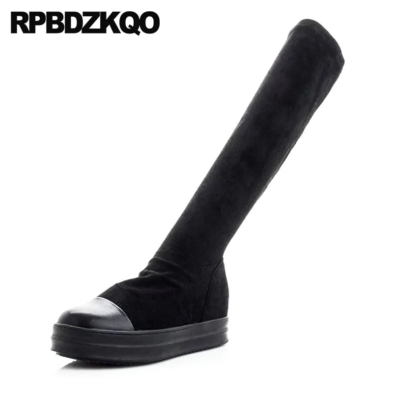 

slim designer stretch flat slip on shoes black fall autumn fur long knee high women boots winter 2018 lycra round toe muffin