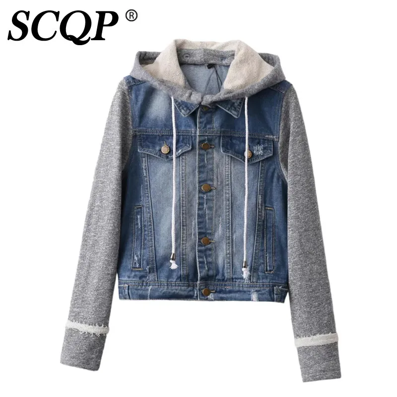 Fashion Patchwork Crop Hoodie Women Denim Jacket Pockets Single