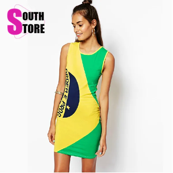 New 2017 Brazil Flag Printed Sleeveless O Neck Women Summer Dress Color Patchwork Sexy Sheath