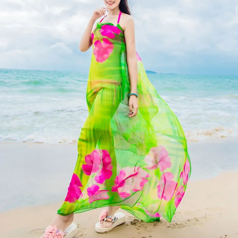 Beach Scarves Hibiscus Print Chiffon Hawaiian Dresses Sexy Women