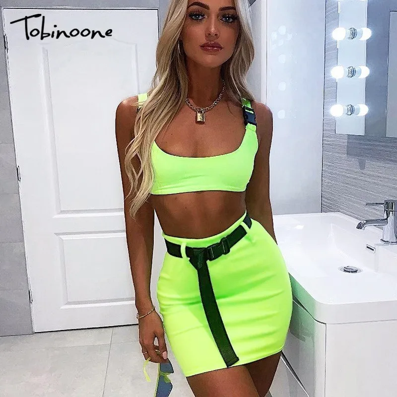 

Tobinoone Spaghetti Strap two piece dress Women sleeveless bodycon dress Elegant Clubwear summer crop bandage dress vestidos