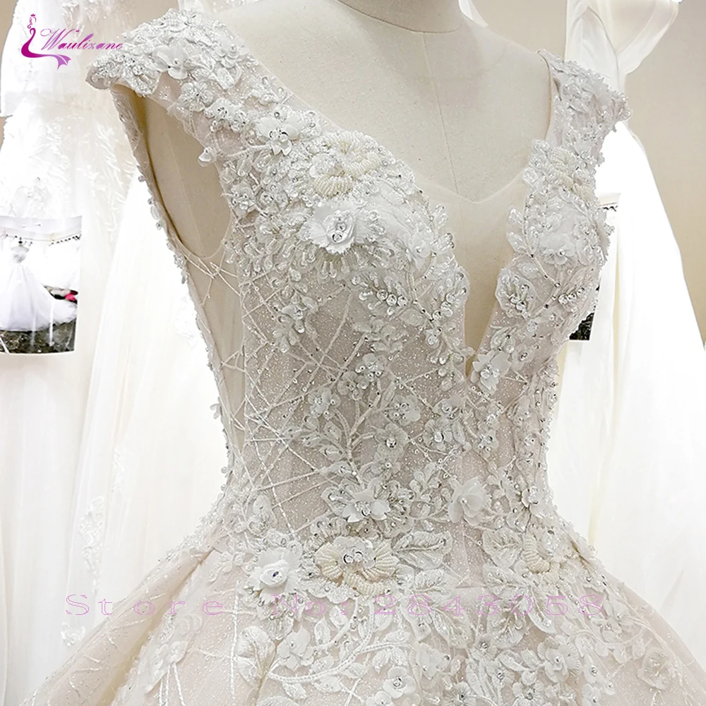 Waulizane v-образный вырез в области 3d Цветы ТРАПЕЦИЕВИДНОЕ свадебное платье с элегантным юбка с бисером и на шнуровке; обувь под свадебное платье для невесты