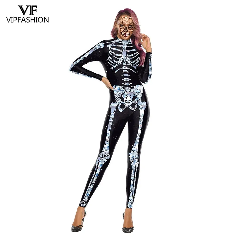 VIP FASHION Female Halloween Costumes for Women Cosplay 3D Print Skull Joker Cosplay Bodysuit