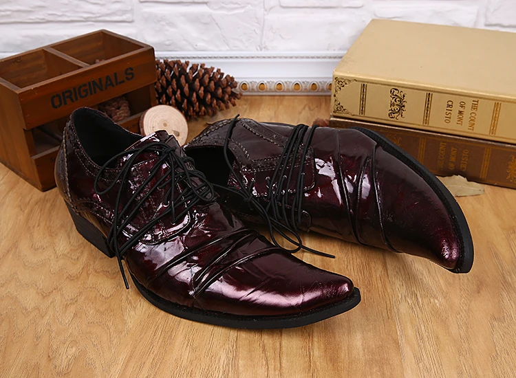 High Quality Wine Red Patent Leather Men Dress Shoes Lace Up Oxford