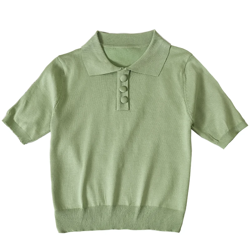 

Summer 2019 Korean Women's Knitted Short Sleeve Turn Down Collar T-shirts Tops Girls Knitting Slim T Shirts Top For Female