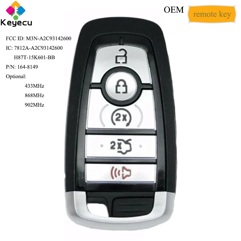 

KEYECU OEM Smart Keyless Entry Remote Key With 5 Buttons 433MHz/ 868MHz/ 902MHz for Ford Edge Fusion Explorer 2018 2019 164-8149
