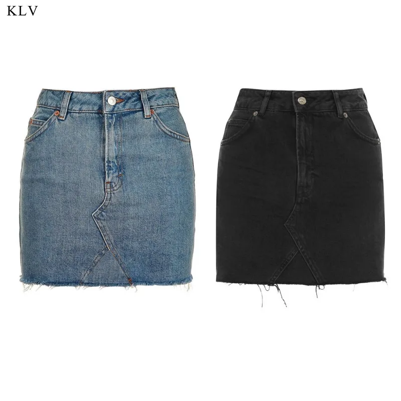 

KLV Summer Fashion High Waist Skirts Womens Pockets Button Denim Skirt Female Saias All-matched Casual Jeans Skirt