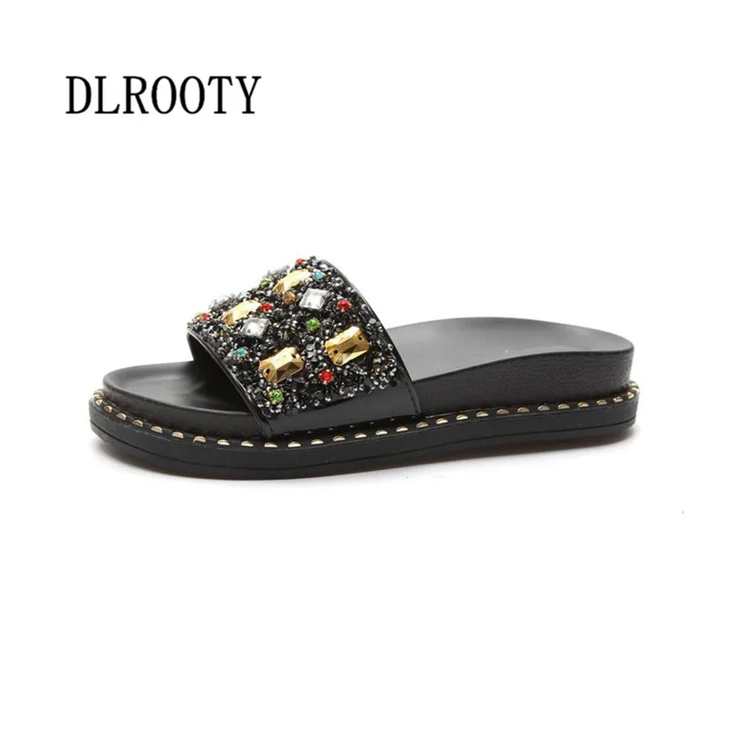 

Woman Sandals Shoes Slippers Crystal Bling Flats 2019 Summer Style Platform Slides Slip On Fashion Casual Comfortable