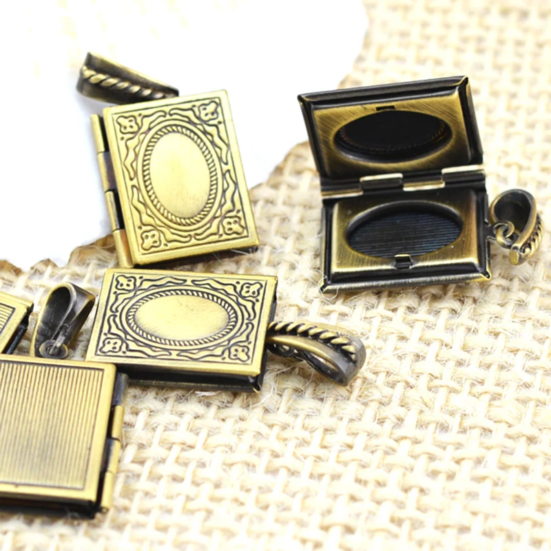 50pcs Antique Bronze Book Charms Locket Photo Frame Pendant Necklace Charm Openable Locket Necklaces Women Men Memorial Jewelry 2