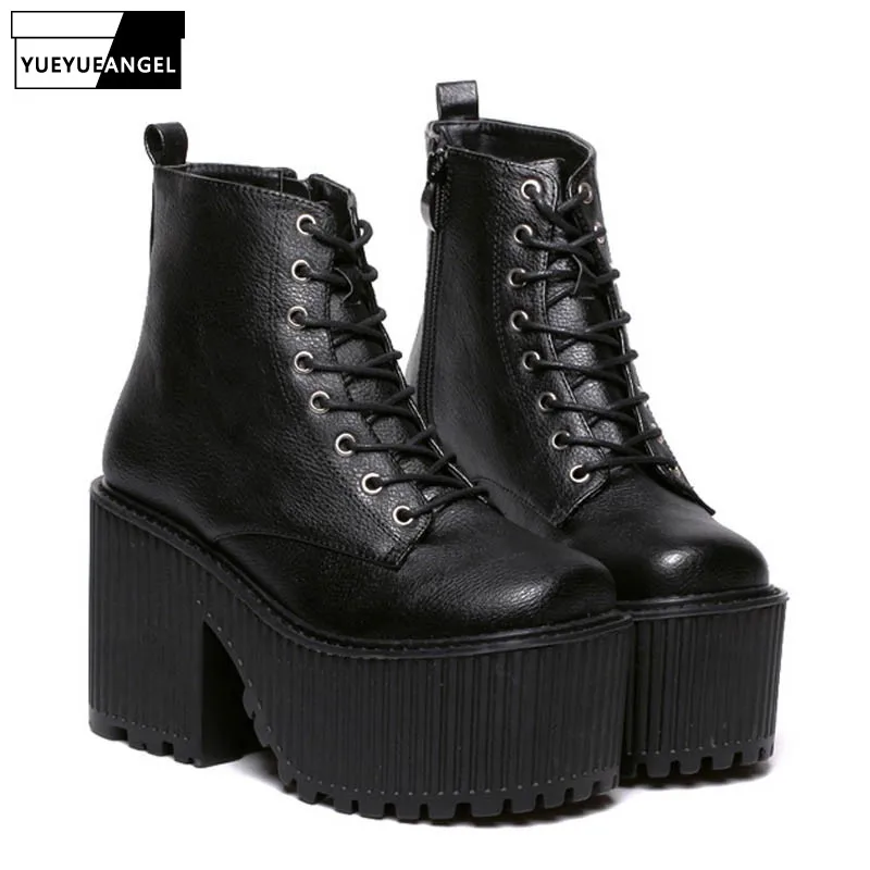 

Punk Fashion New Womens Block Gothic Platform Chunky Heels Shoes For Woman Zipper Pumps Shoes Lace Up Cosplay Boots Black