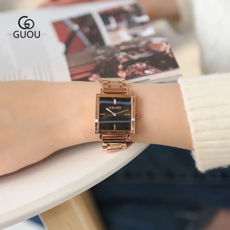 GUOU квадратные часы для женщин розовое золото металлический браслет минималистичный Циферблат Водонепроницаемые Женские кварцевые наручные часы женские часы - Цвет: Black