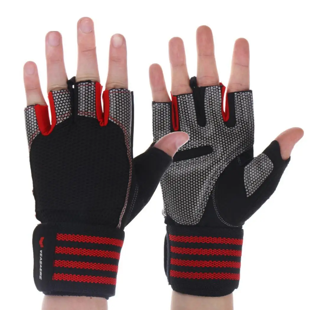 Мужские и wo мужские спортивные перчатки для занятий спортом с половинными пальцами, Нескользящие перчатки, спортивные гребные перчатки унисекс для тяжелой атлетики, для взрослых - Цвет: Red