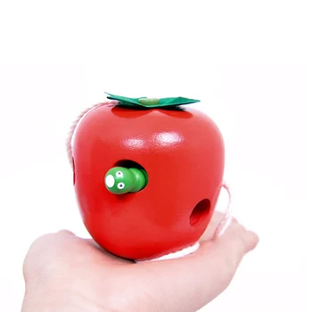 

Wooden Stringing Beaded Line Wearing Rope Toys Insect Eating Apple Fruit Wooden Early Educational Toy M09