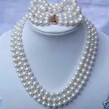 3ROW БЕЛЫЙ ПРЕСНОЙ ВОДЫ ЖЕМЧУЖНОЕ ОЖЕРЕЛЬЕ& БРАСЛЕТЫ(C0322